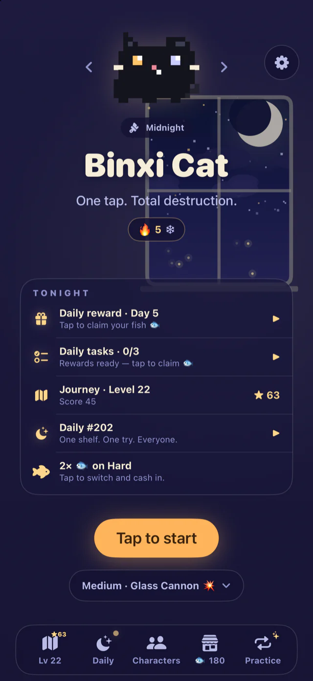 Binxi Cat home hub with the pixel cat, tonight's rewards, and a Tap to start button
