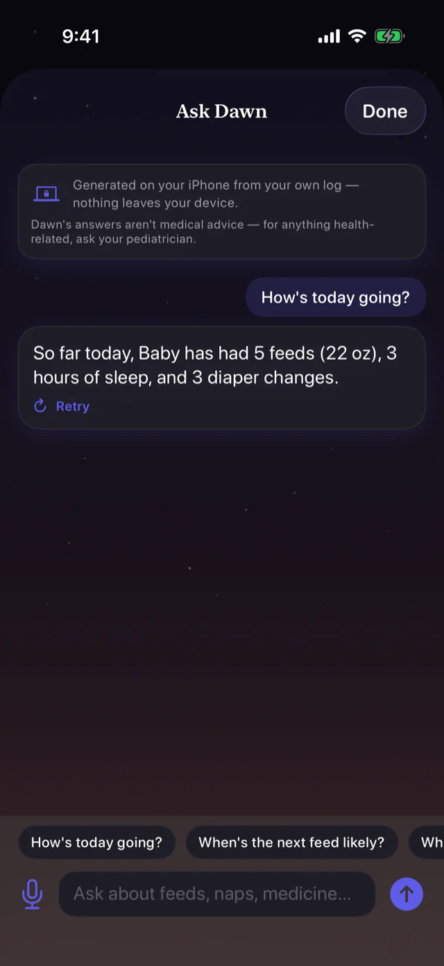 Ask Dawn answering a plain question about the day, computed on device