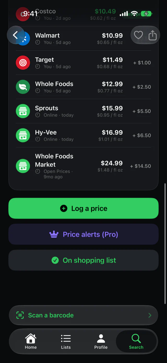 The same product compared across Costco, Walmart, Target, Whole Foods and more, by per-unit price
