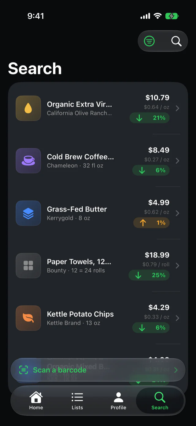 Search list of tracked products, each with its recent price movement up or down