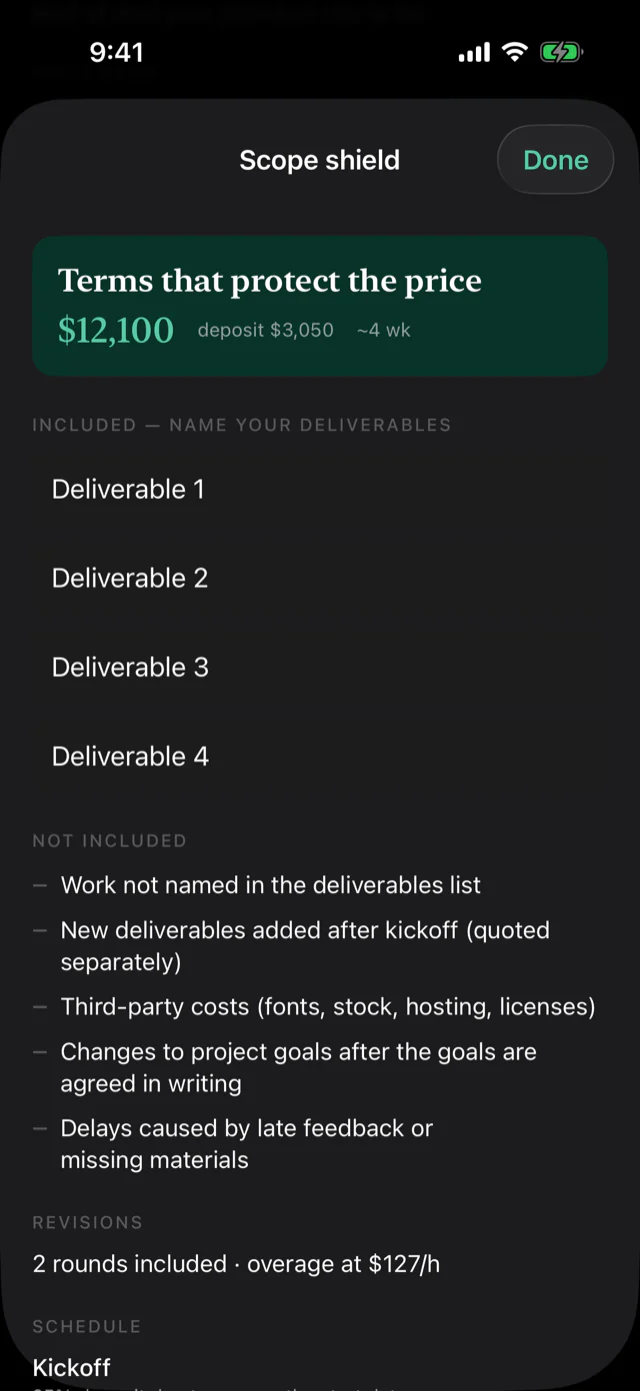 Scope shield: deposit, deliverables, exclusions, revisions and schedule as copyable client-facing terms
